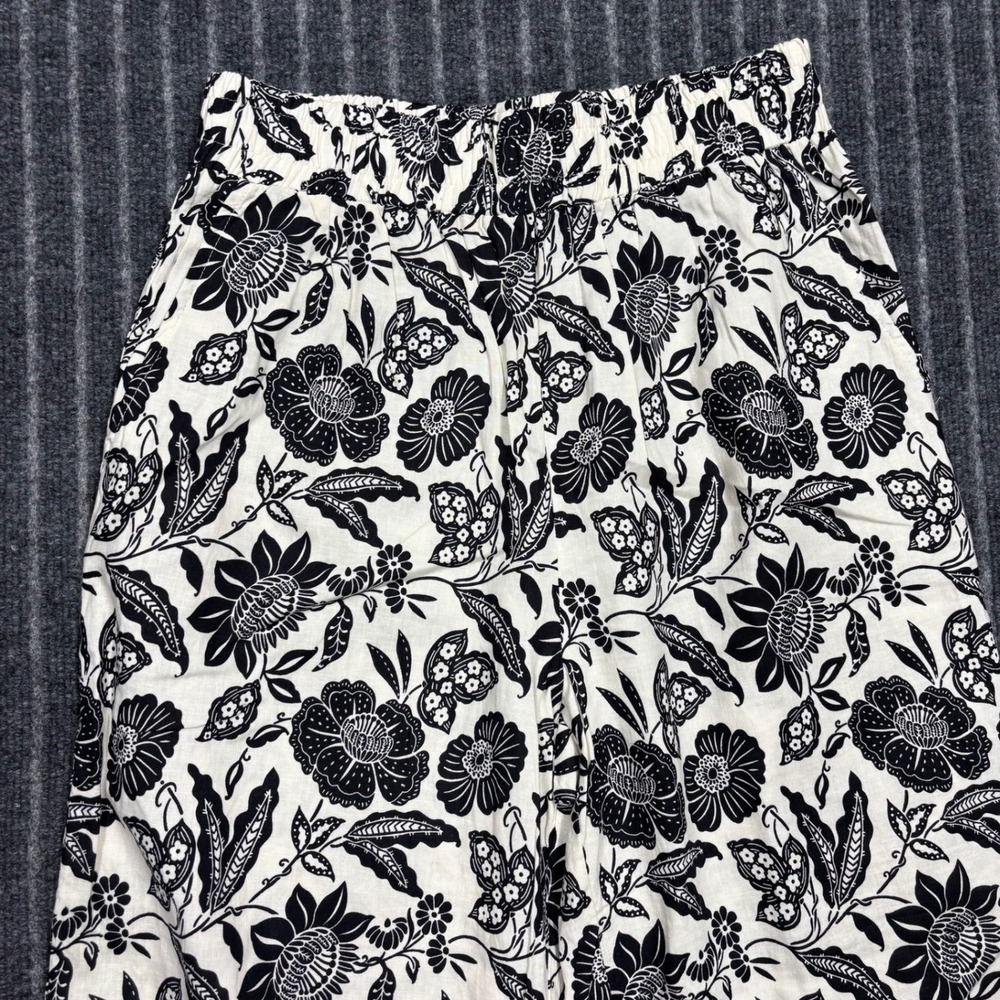 Christian Siriano Womens Floral Linen Blend Wide Leg Pants Medium Black White - Picture 2 of 10